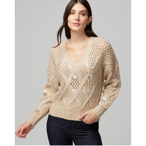 WHBM Embellished Cable Sweater M Sequin Chunky Classy Tan Beige Luxury - Picture 1 of 9